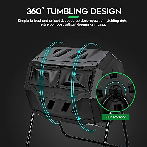 360-degree tumbling compost bin with rotation feature.