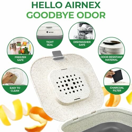 Airnex container with features: odor resistant, charcoal filter, dishwasher and freezer safe, easy to clean.