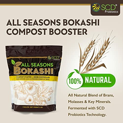 All Seasons Bokashi Compost Booster package with natural ingredients and SCD Probiotics logo.