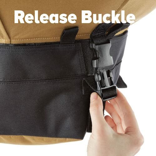 Hand unbuckling a backpack release buckle