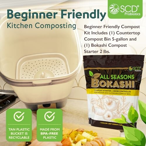 Beginner friendly kitchen composting kit with compost bin and Bokashi starter.