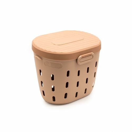 Beige plastic storage basket with lid