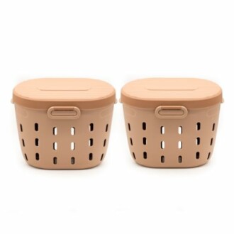 Two beige storage baskets with lids