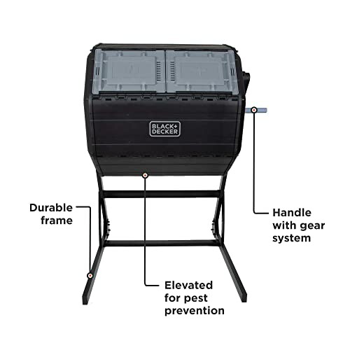 Black & Decker compost tumbler with durable frame and gear handle.