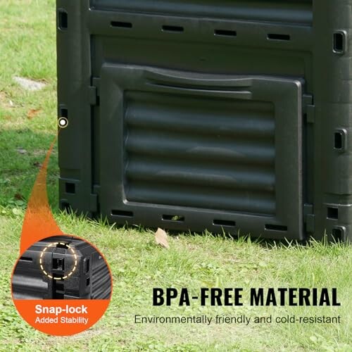 Compost bin with BPA-free material label on grass.