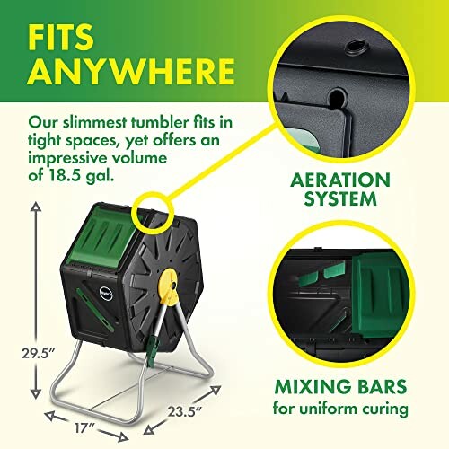 Compact compost tumbler with aeration system and mixing bars.