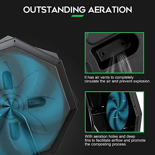 Compost bin aeration features with air vents and fins.