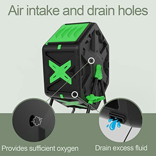 Compost bin showing air intake and drain holes with illustrations.