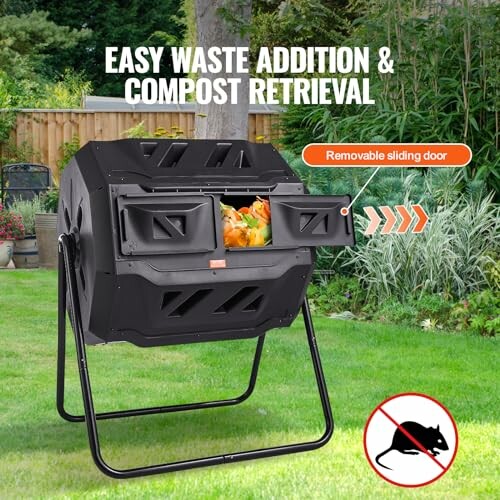 Outdoor compost bin with removable sliding door for easy waste addition and compost retrieval.