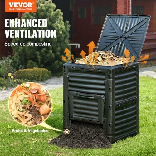 Compost bin with enhanced ventilation and fruits and vegetables.