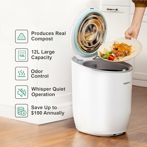 Compost bin with features listed: real compost, 12L capacity, odor control, quiet operation, save money.