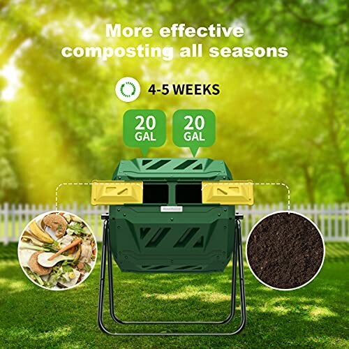 Compost bin with two compartments showing composting process in 4-5 weeks.