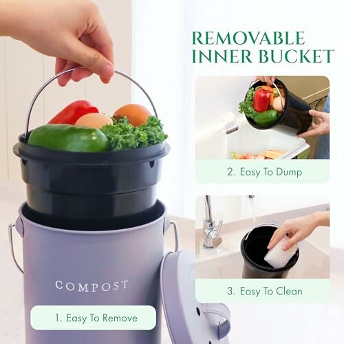 Compost bin with removable inner bucket and vegetables, demonstrating ease of use.