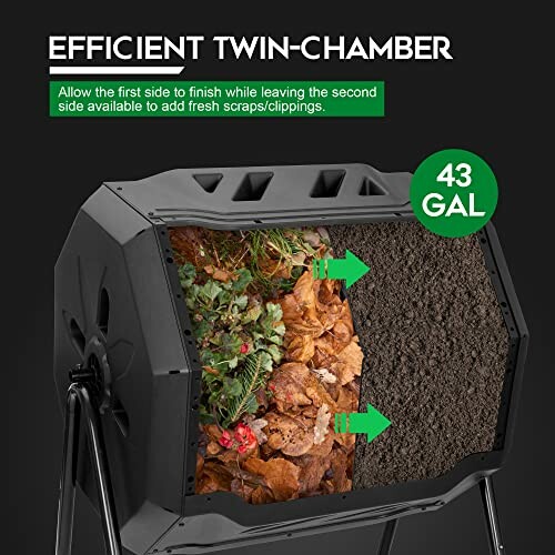 Efficient twin-chamber compost bin with 43-gallon capacity.