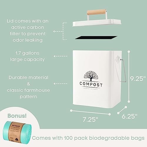 Compost bin with active carbon filter and biodegradable bags.