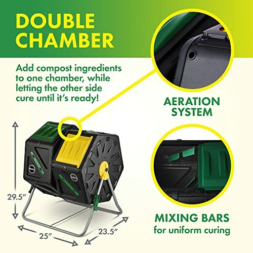 Diagram of a double chamber compost tumbler with aeration system and mixing bars.