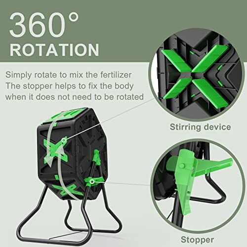 360-degree rotating composter with stirring device and stopper.