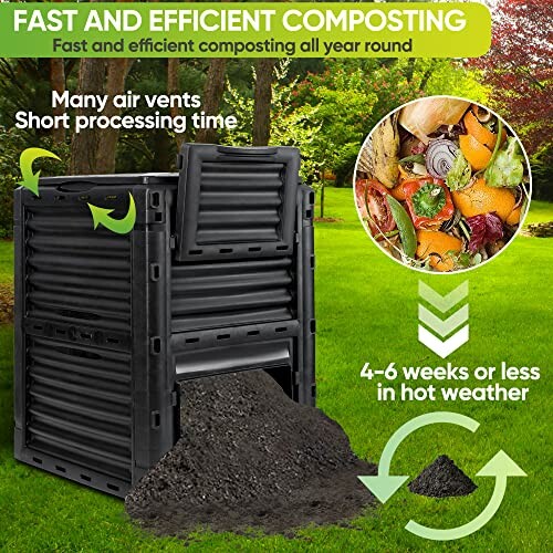 Composting bin with air vents and food scraps, 4-6 weeks processing.