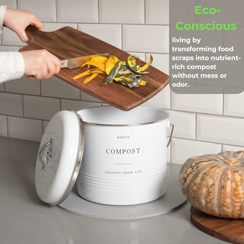 Person adding food scraps to a compost bin in a kitchen.