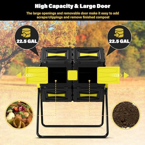 Dual chamber compost tumbler with high capacity and large door, 22.5 gallons each, showing compost and scraps.