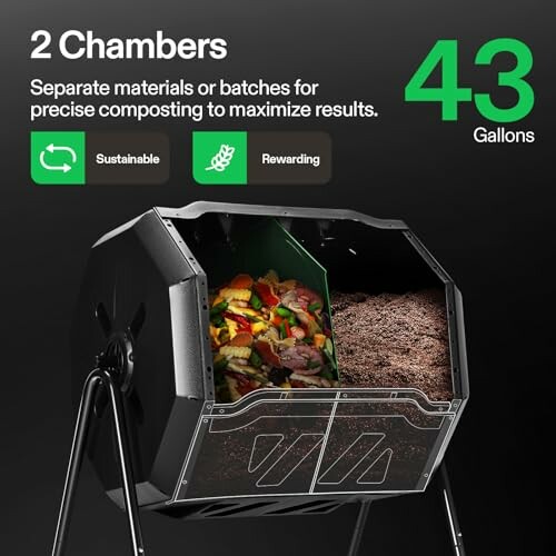 Dual-chamber composter with waste and soil, 43 gallons capacity.