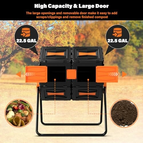 Dual chamber composter with 22.5-gallon capacity and large openings.