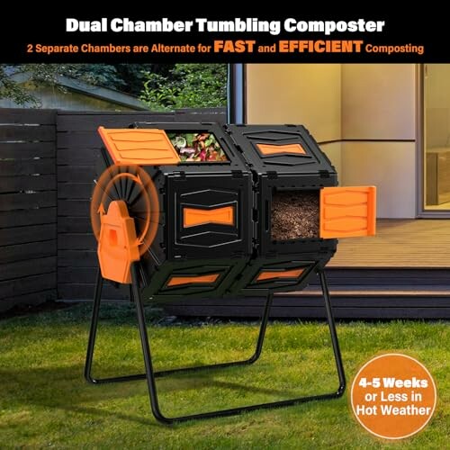 Dual chamber tumbling composter for fast and efficient composting.