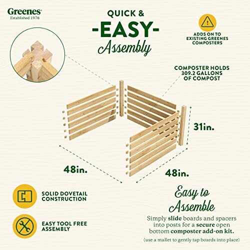 Illustration of a quick and easy compost bin assembly with dimensions.