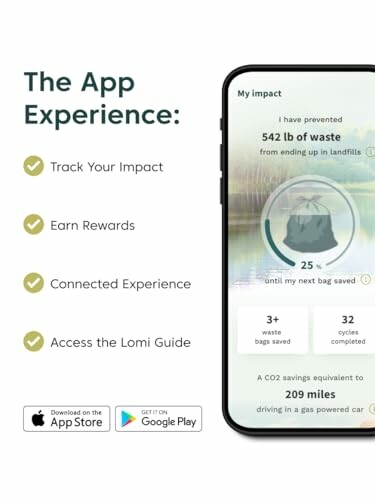 Mobile app interface showing waste reduction impact and features.