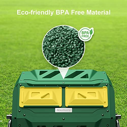 Green and yellow composter with BPA-free material.