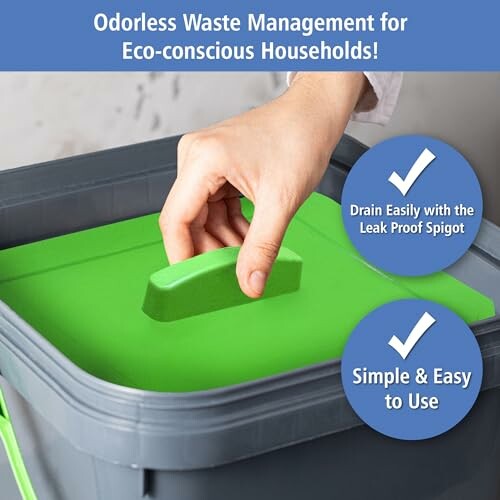 Hand lifting lid of odorless eco-friendly waste bin with spigot.