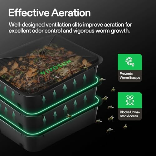 Compost bin with ventilation for odor control and worm growth.