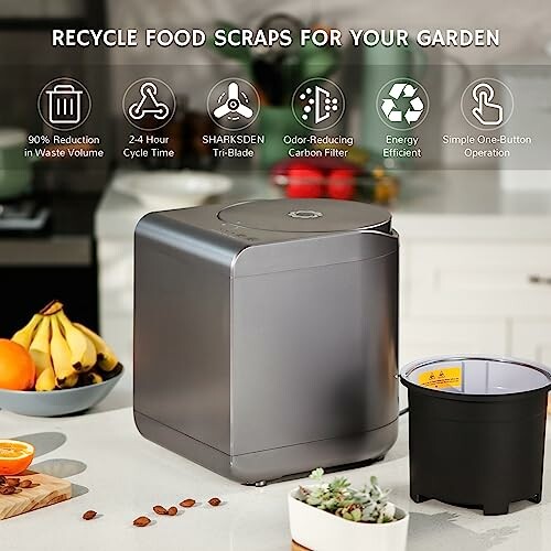 Food scrap recycler on kitchen counter with features listed.