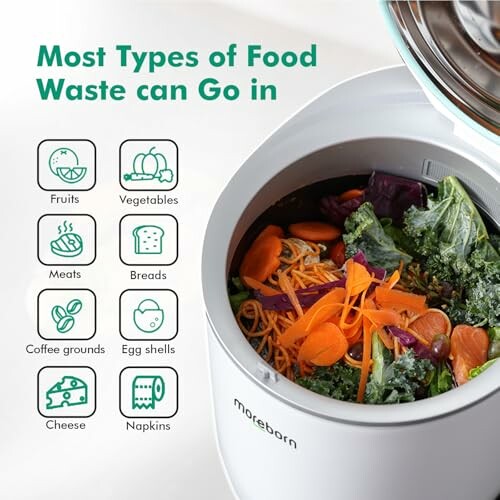 Infographic showing types of food waste suitable for composter, including fruits, vegetables, meats, breads, coffee grounds, egg shells, cheese, and napkins.