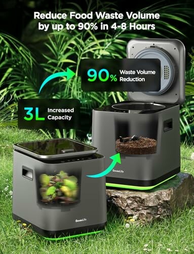 Device reducing food waste volume by 90% in 4-8 hours with 3L capacity.