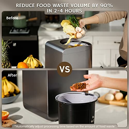 Kitchen composter reducing food waste volume by 90% in 2-4 hours, before and after use comparison.