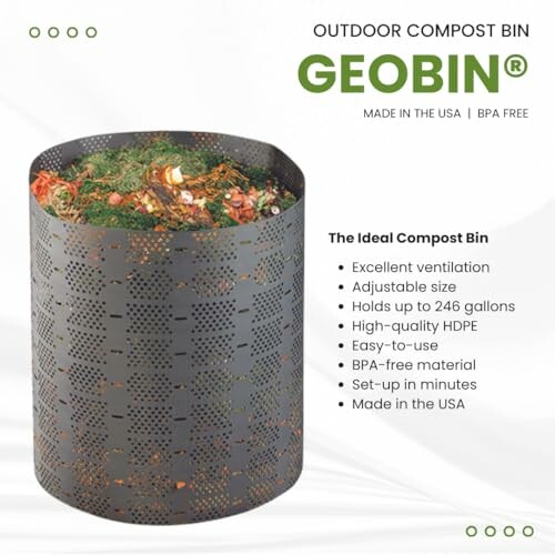 GEOBIN outdoor compost bin with organic waste inside.