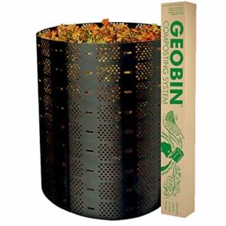 GEOBIN composting system with fallen leaves inside.