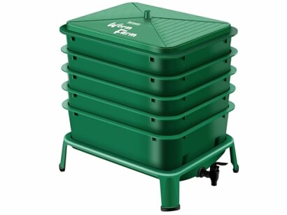 Green multi-layer worm compost bin with lid and spigot.