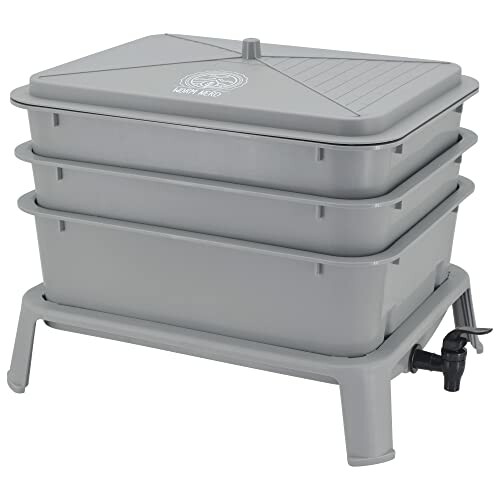 Grey compost bin with three stackable trays and tap