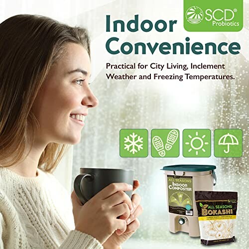 Woman enjoying indoor convenience with composting kit.