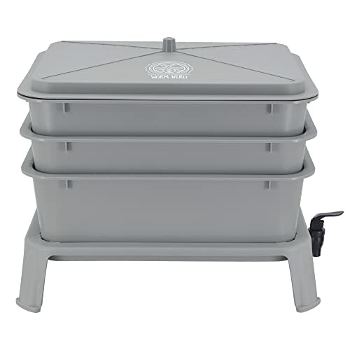 Gray stackable indoor vermicomposting bin with spigot