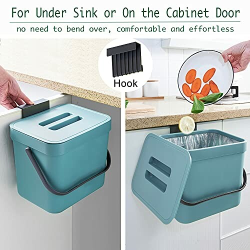 Hanging Trash Bin for Under Sink or Cabinet Door with Easy Hook Attachment.