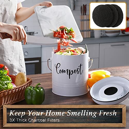 Person adding food scraps to a compost bin in a kitchen setting with vegetables and charcoal filters.