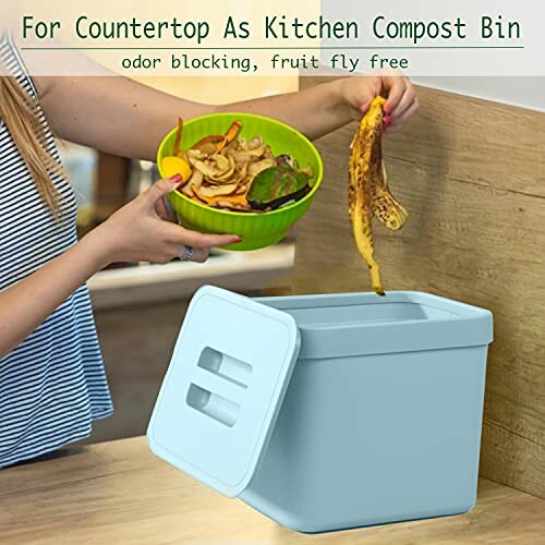 Woman Placing Food Scraps in a Countertop Compost Bin.