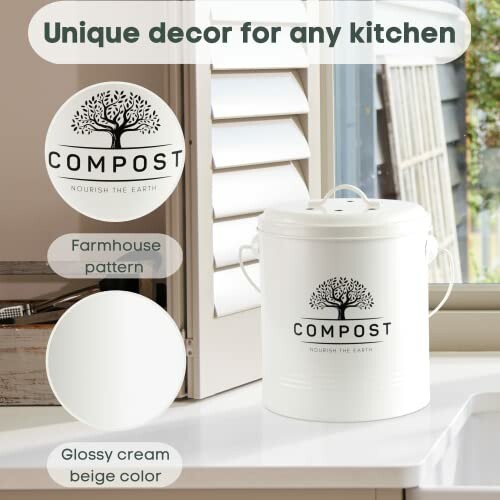 Cream compost bin with farmhouse pattern on kitchen counter.