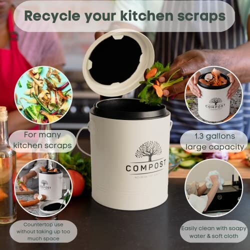 Kitchen compost bin with vegetable scraps and features.