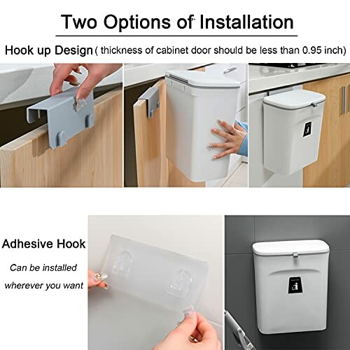 Trash can installation options with hook and adhesive methods.