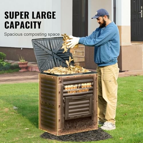 Person adding leaves to a large compost bin outdoors.