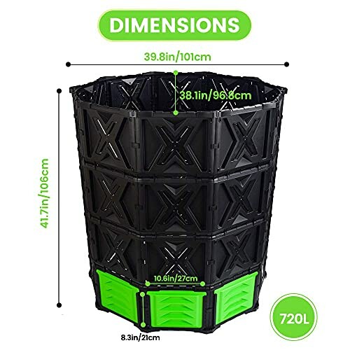 Large garden composter bin with dimensions and capacity displayed.